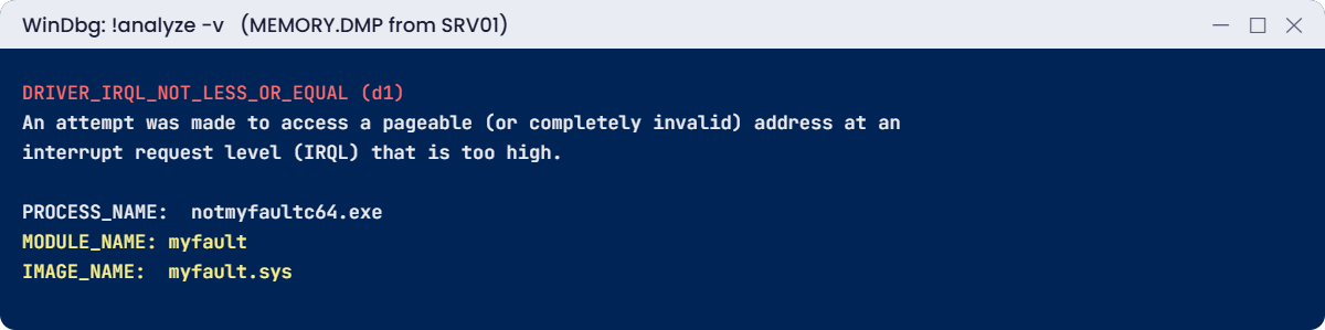 Windows boot troubleshooting lab: WinDbg analysis names the faulting driver