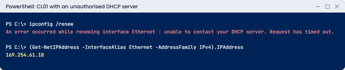 Windows DHCP server lab: renew fails and CL01 gets a 169.254 APIPA address