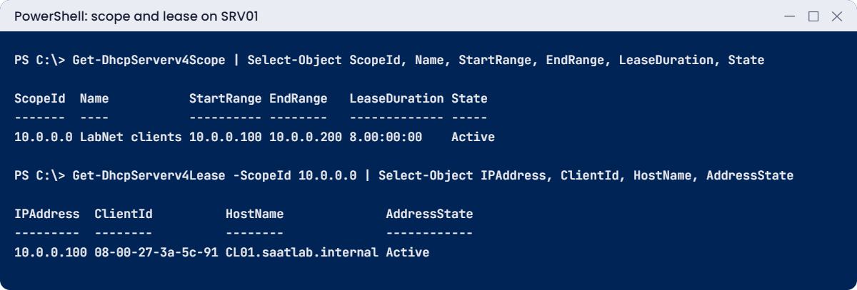 Windows DHCP server lab: scope and active lease for CL01 on SRV01