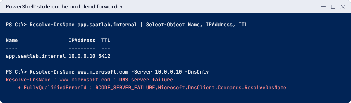 Windows DNS server lab: stale cached record and DNS server failure from a dead forwarder