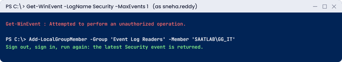 Windows event logs break lab: Security log access denied until Event Log Readers