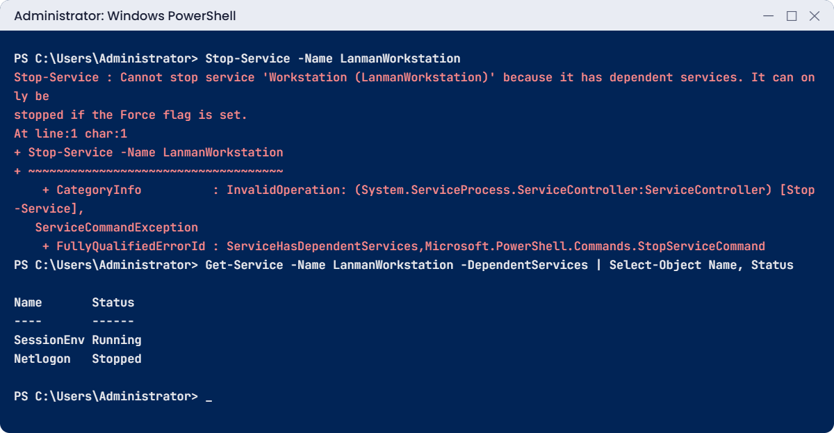 Windows internals lab: Stop-Service fails because of dependent services