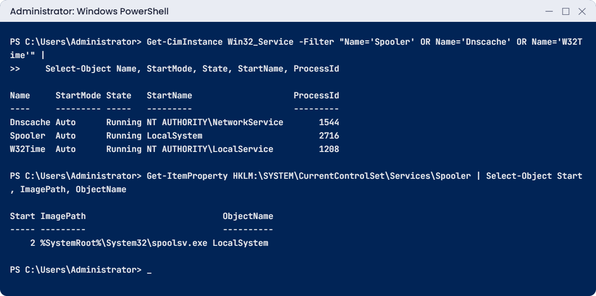 Windows internals lab: service accounts from Win32_Service and the Spooler registry key