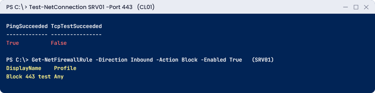 Windows network troubleshooting break lab: a block rule stops only port 443