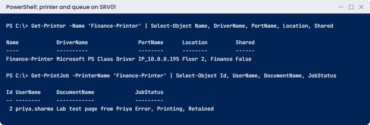 Windows print server lab: Finance-Printer details and Priya's job in the queue