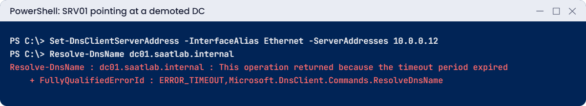 Windows Server 2025 domain controller lab: DNS timeout when a server points at a demoted DC