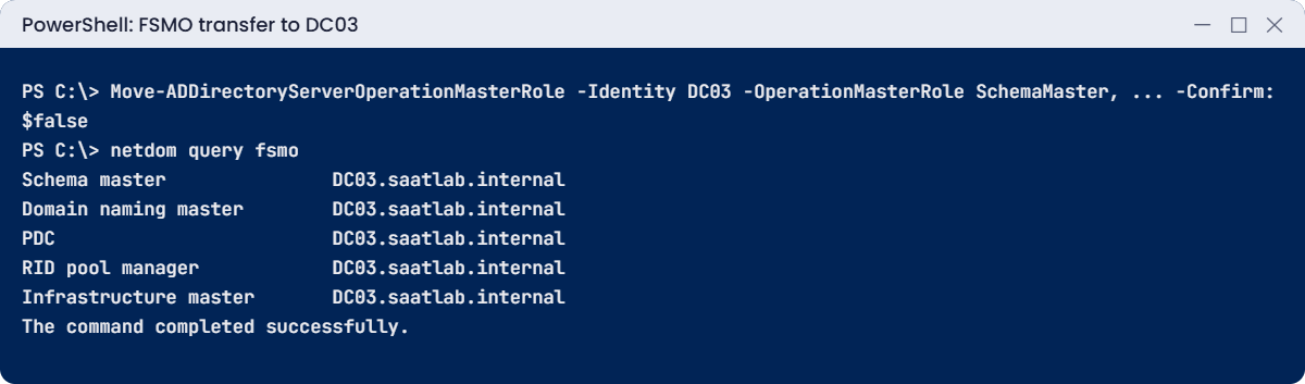 Windows Server 2025 domain controller lab: all FSMO roles transferred to DC03