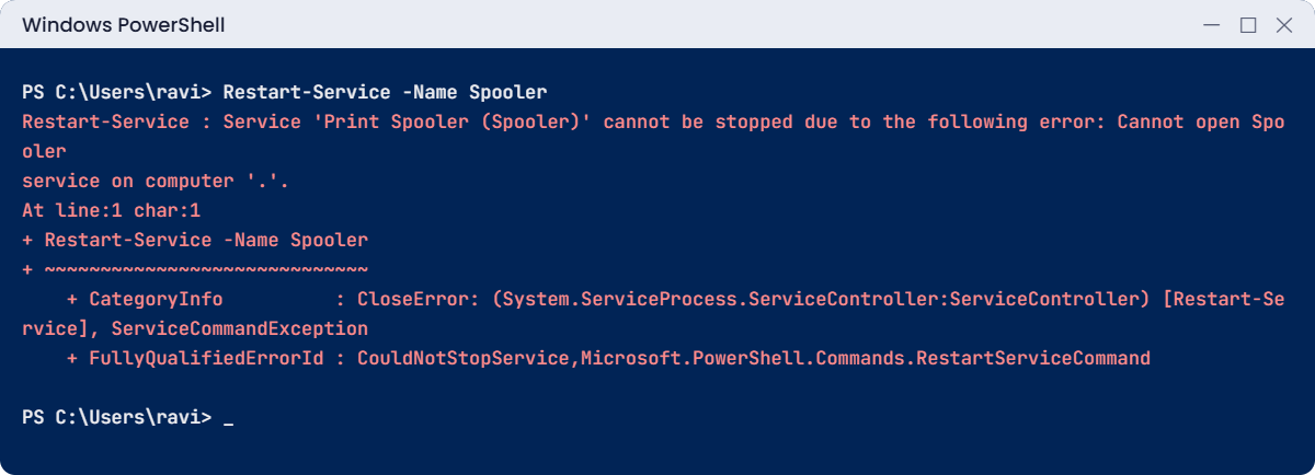 Windows Server administrator lab: Restart-Service fails with Cannot open Spooler service without admin rights