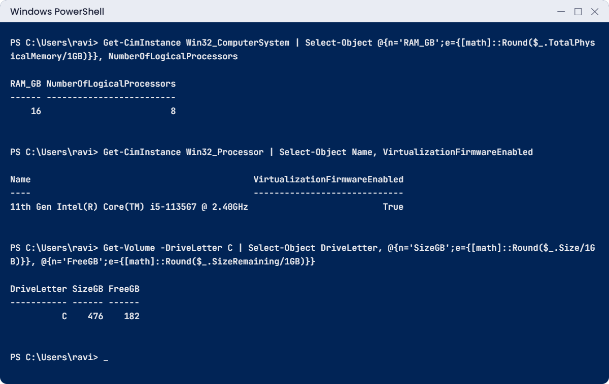 Windows Server administrator health check in PowerShell: memory, virtualization and disk space