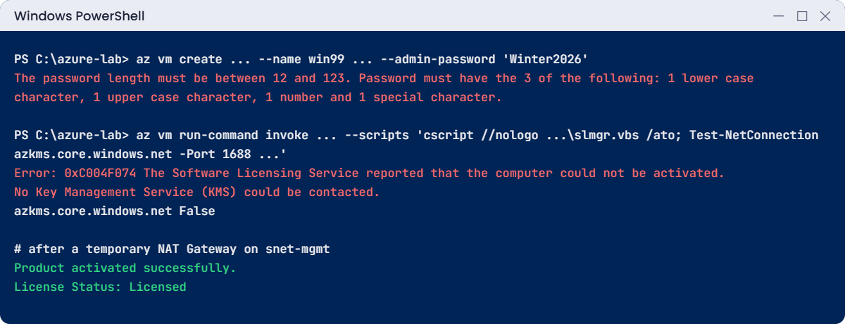 Windows Server Azure VM errors: weak password and KMS activation 0xC004F074