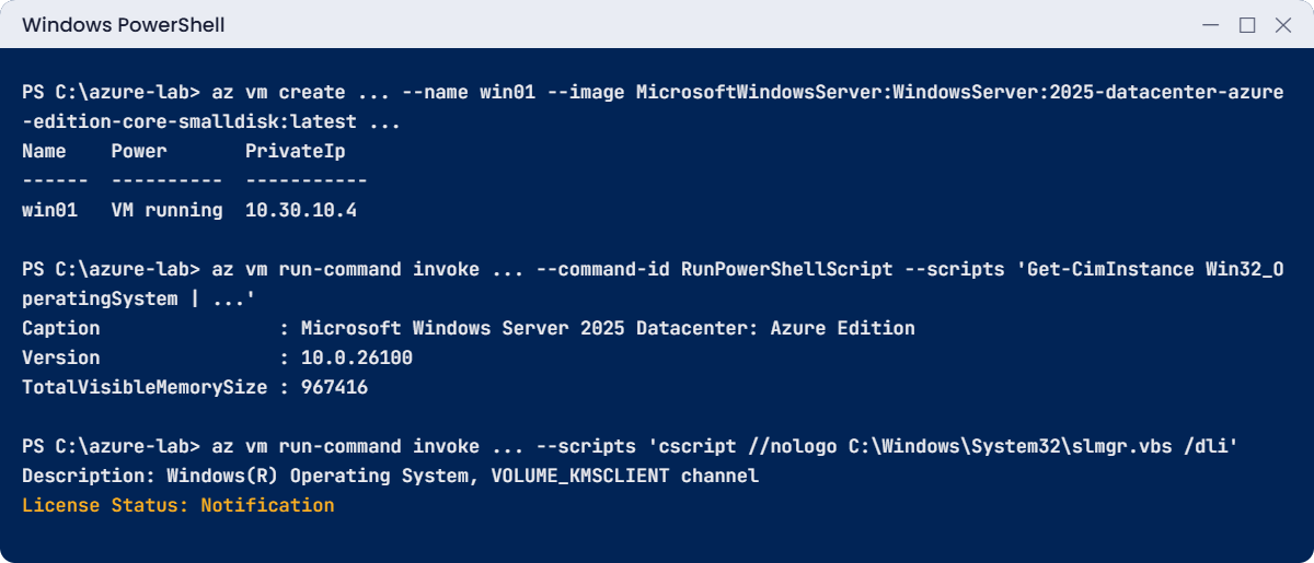 Windows Server Azure VM lab: win01 created and checked with Run Command