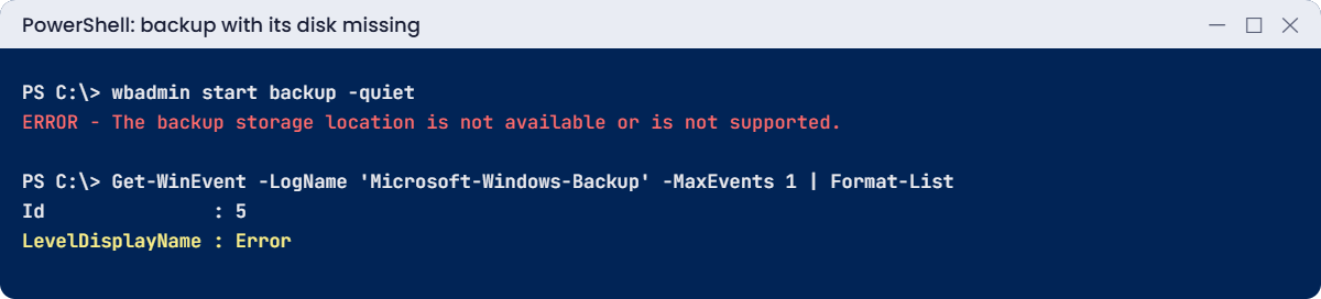 Windows Server Backup lab: backup fails when the target disk is missing