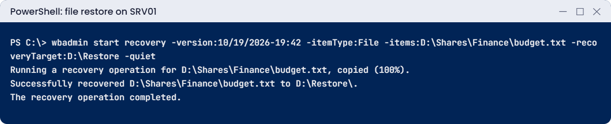 Windows Server Backup lab: restoring a single file to an alternate folder