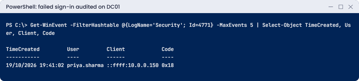 Windows Server hardening lab: event 4771 records a failed Kerberos sign-in