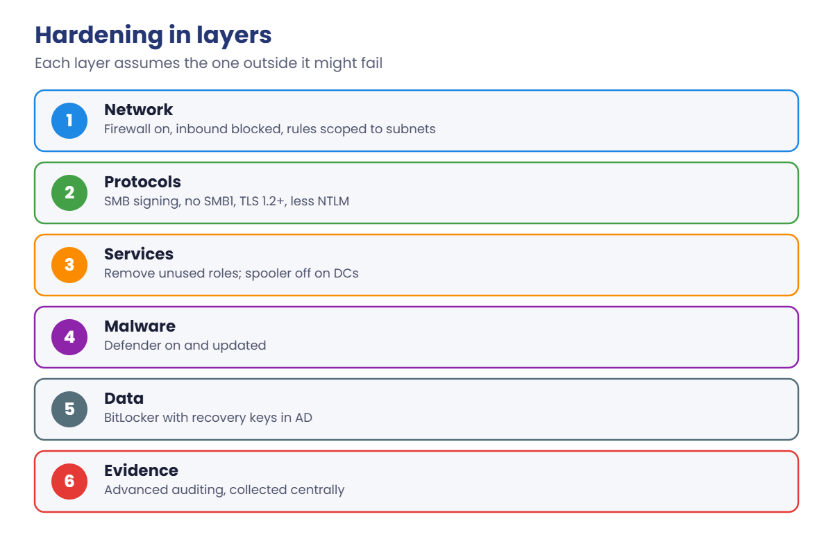 Windows Server hardening in layers: network, protocols, services, malware, data and evidence