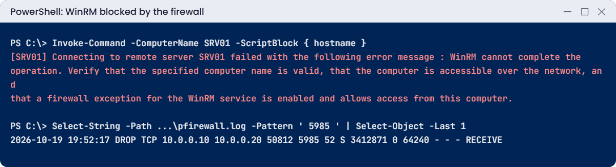Windows Server hardening lab: WinRM error and firewall log drops on port 5985