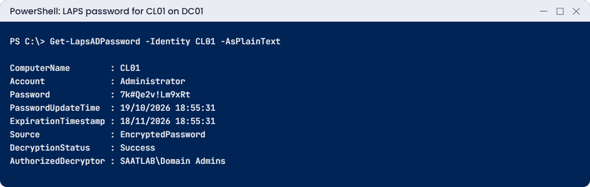 Windows Server identity security lab: Get-LapsADPassword shows CL01 local admin password