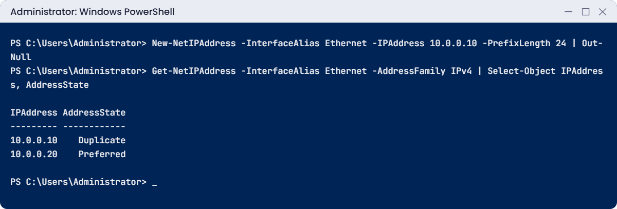Windows Server initial configuration lab: a duplicate IP address shows AddressState Duplicate