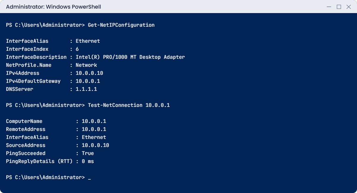 Windows Server initial configuration check: Get-NetIPConfiguration and Test-NetConnection on DC01