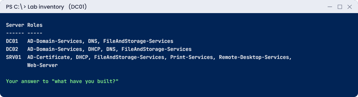 Windows Server interview questions lab: exporting the lab inventory as evidence