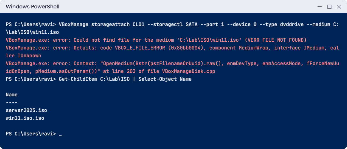 Windows Server lab error: VBoxManage could not find the ISO file because of a double extension