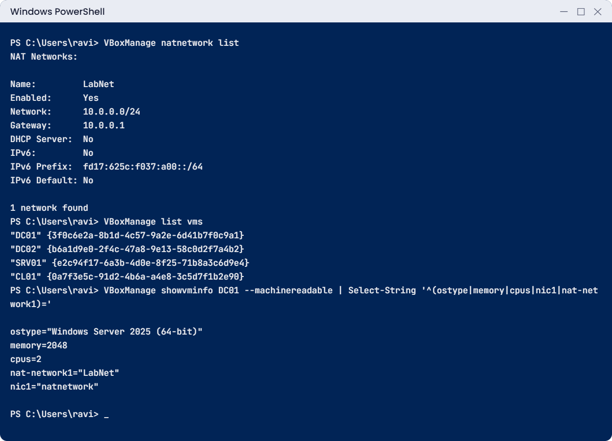 Windows Server lab check in PowerShell: VBoxManage natnetwork list, list vms and showvminfo