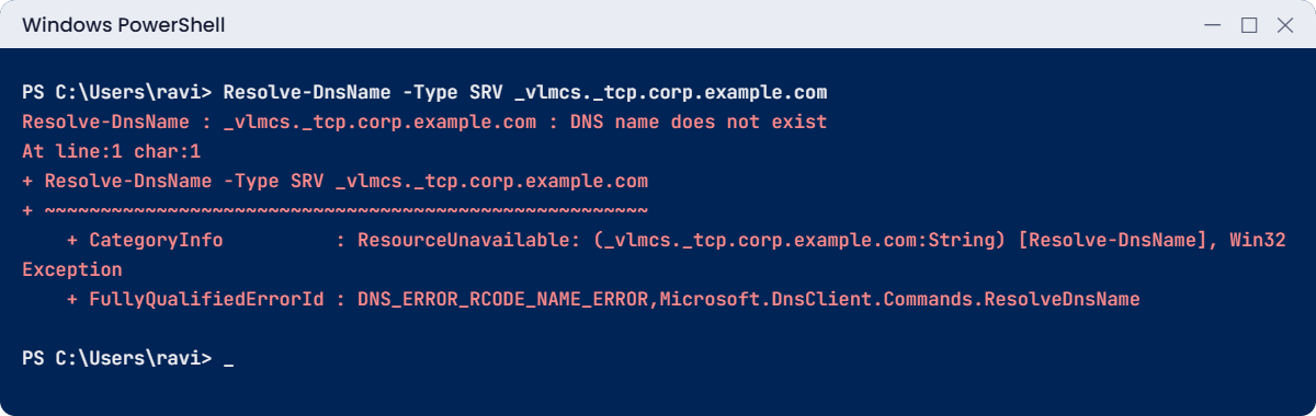 Windows Server licensing KMS lookup error: DNS name does not exist for the _vlmcs._tcp record