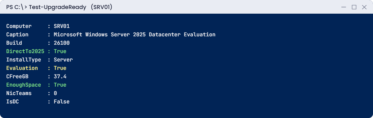 Windows Server migration lab: Test-UpgradeReady readiness output for SRV01