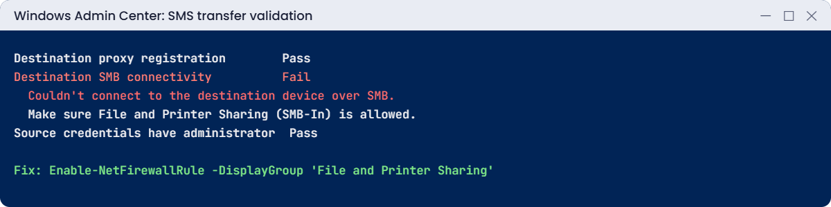 Windows Server migration break lab: SMS validation fails when SMB is blocked on NODE1
