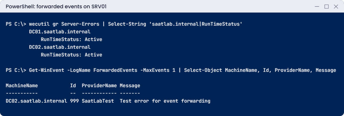 Windows Server monitoring lab: both DCs active and a forwarded test error on SRV01