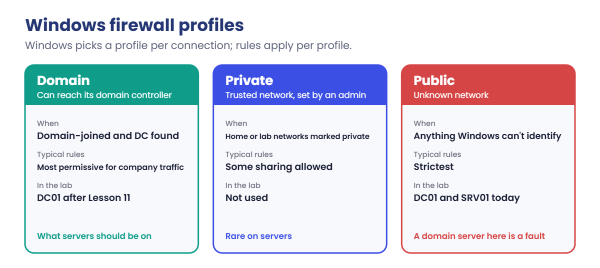 Windows Server networking firewall profiles: Domain, Private and Public