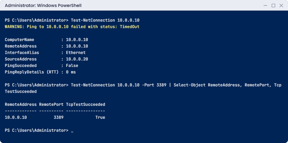 Windows Server networking lab: ping fails but TCP port 3389 succeeds