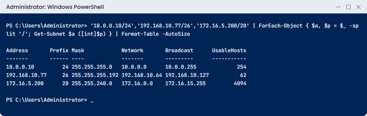 Windows Server networking lab: subnet calculator output for /24, /26 and /20