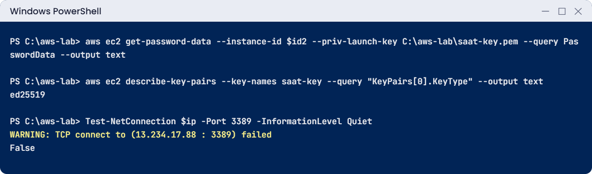Windows Server on EC2 break lab: empty password with an ED25519 key and a blocked RDP port