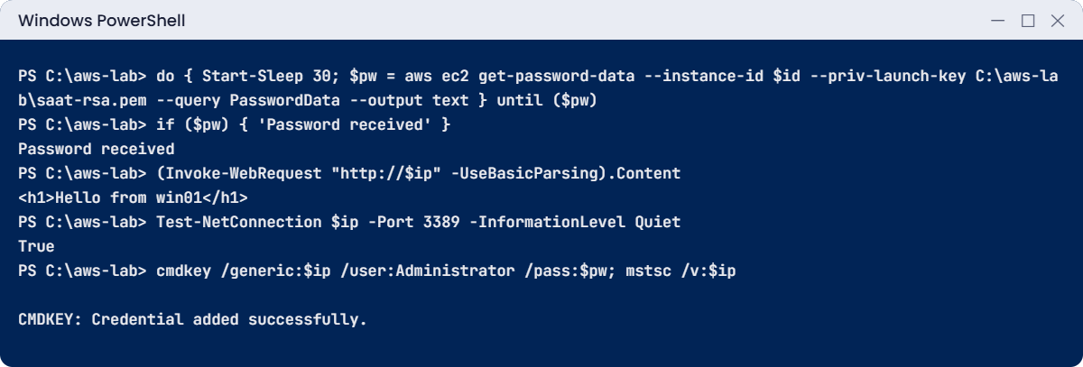Windows Server on EC2 lab: password, IIS page and RDP