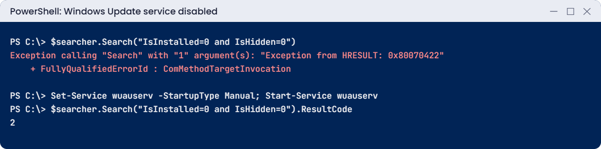 Windows Server patching lab: error 0x80070422 when the Windows Update service is disabled