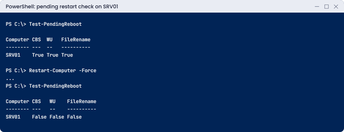 Windows Server patching lab: pending restart before and after Restart-Computer