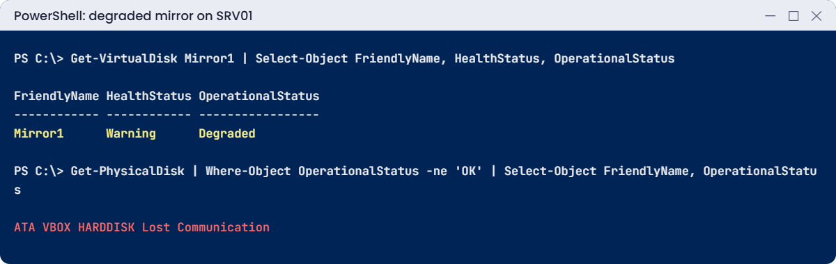 Windows Server storage lab: mirrored virtual disk degraded after a disk is lost