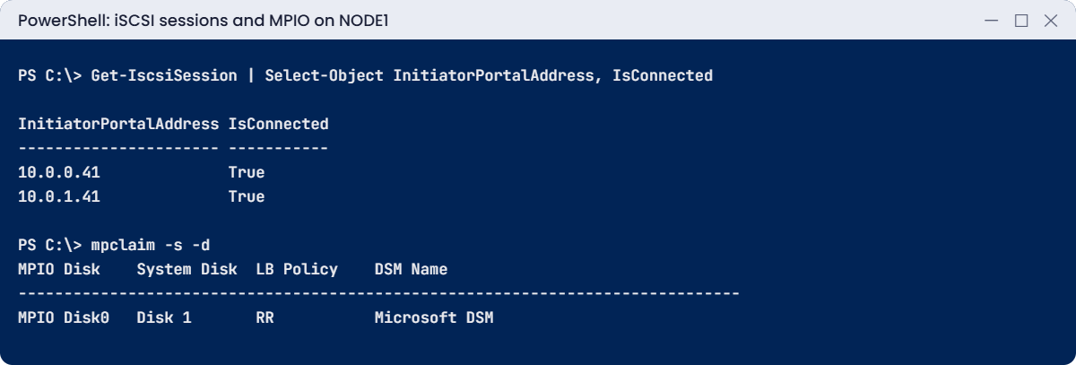 Windows Server storage lab: two iSCSI sessions and one MPIO disk on NODE1