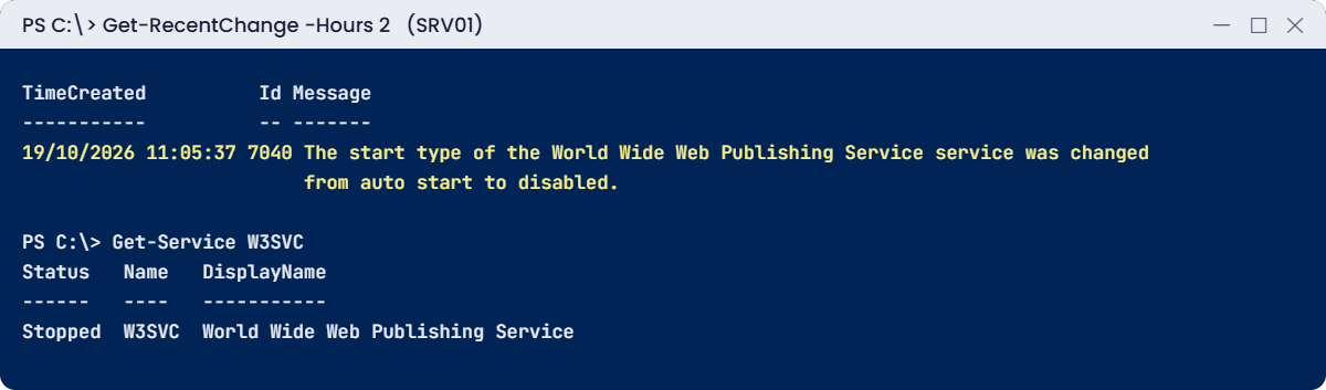 Windows Server troubleshooting lab: Get-RecentChange finds event 7040 for W3SVC