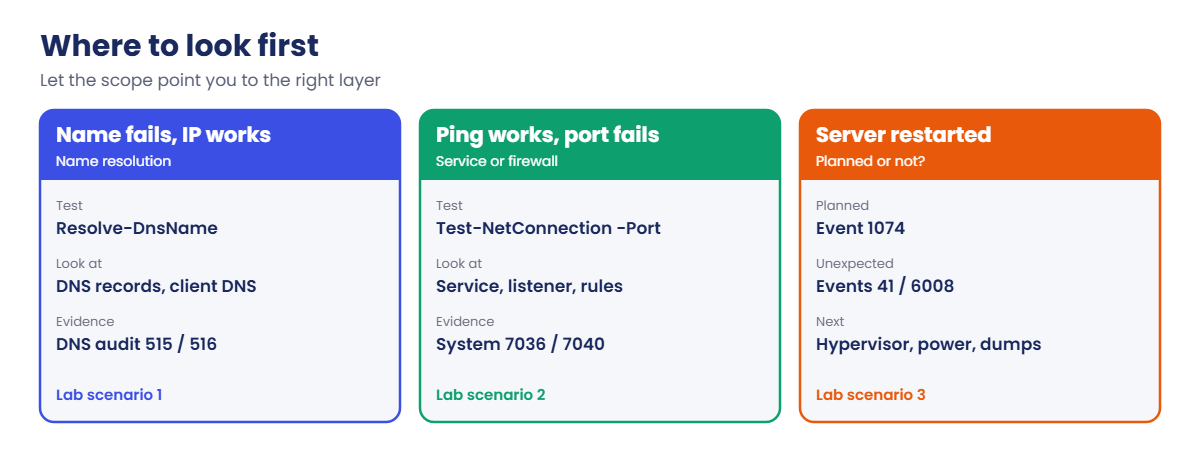 Windows Server troubleshooting: where to look first by name, port and restart symptoms