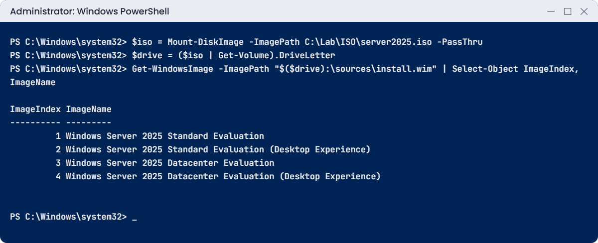 Windows Server versions lab: Get-WindowsImage lists the four editions in the Server 2025 ISO
