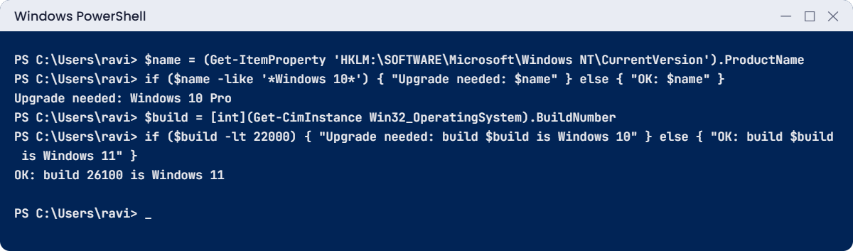 Windows Server versions lab: a version check by name gives the wrong answer, a check by build number gives the right one