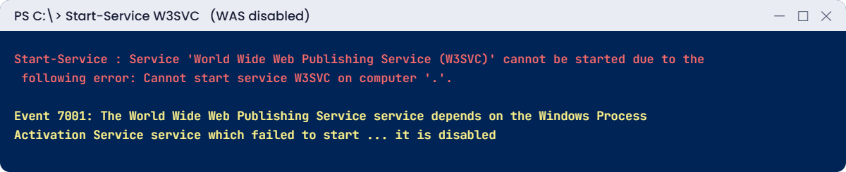 Windows service troubleshooting break lab: W3SVC fails because WAS is disabled
