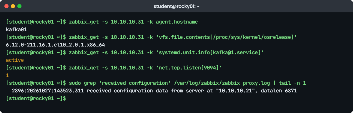 Zabbix proxy lab: zabbix_get results from kafka01 run on rocky01